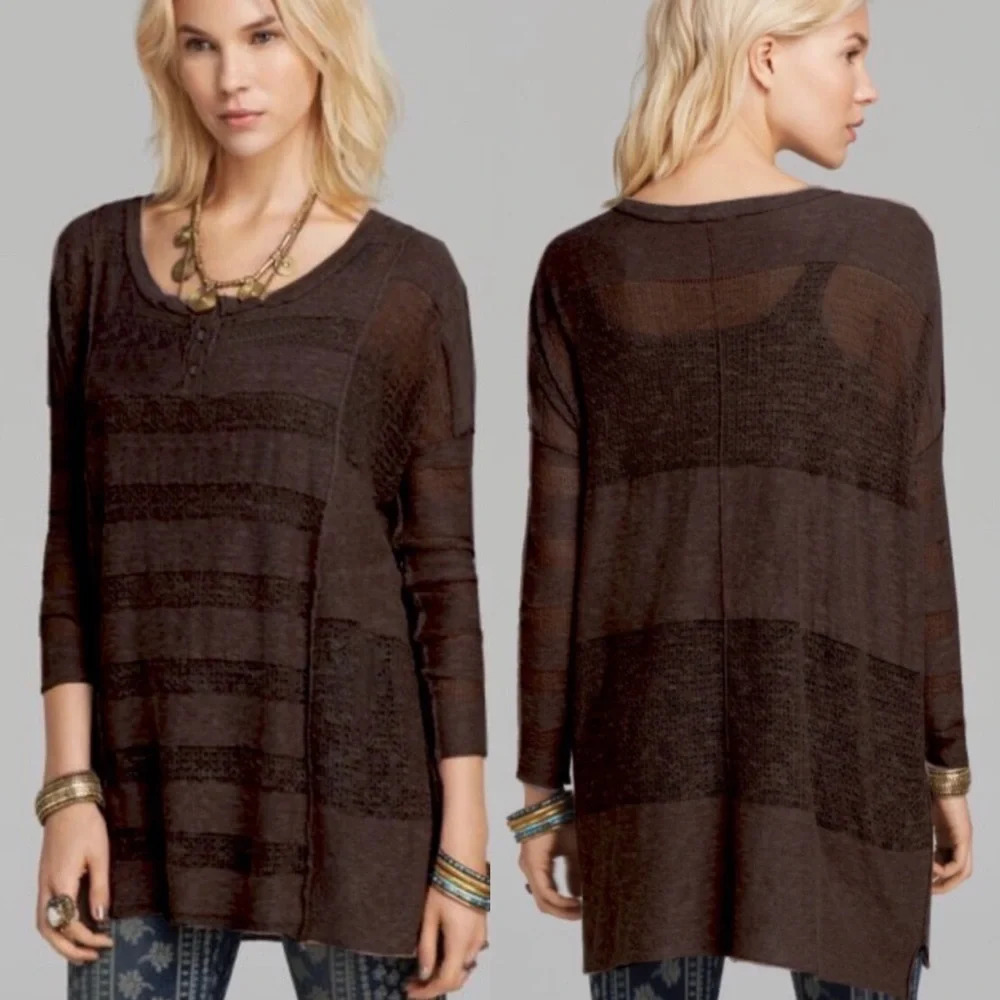 Free People Black Open Knit Linen Blend Wild Horses Henley Sweater Top Size XS